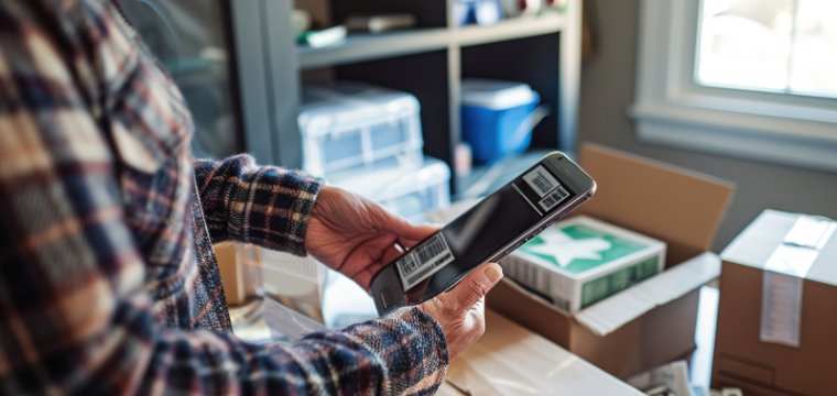 Person scanning barcodes in a small inventory workspace with boxes and organized supplies