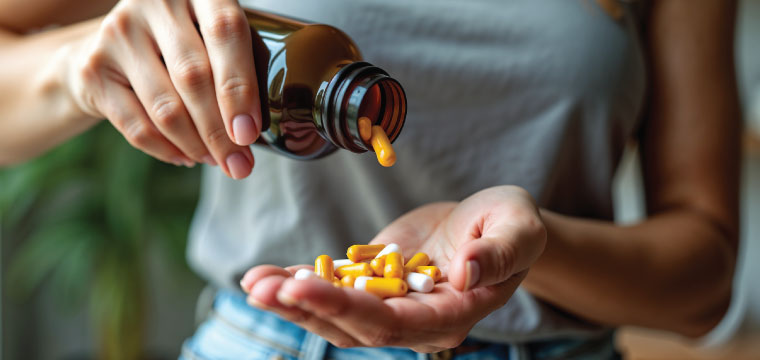 Woman pouring vitamins